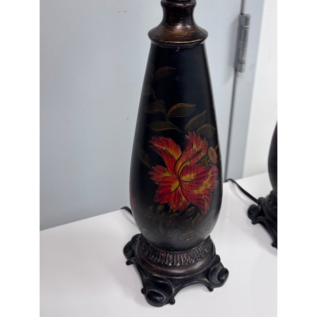Circa 1990's Chinoiserie Hand Painted Floral Table Lamps, Pair For Sale - Image 10 of 12