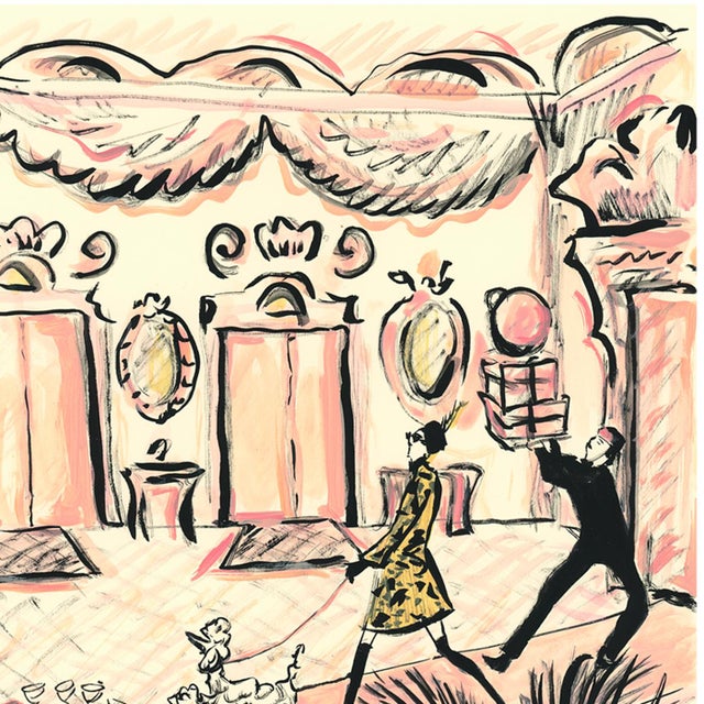 A fanciful poodle and their owner breeze through an ornate lobby as a cart of martinis rushes by.