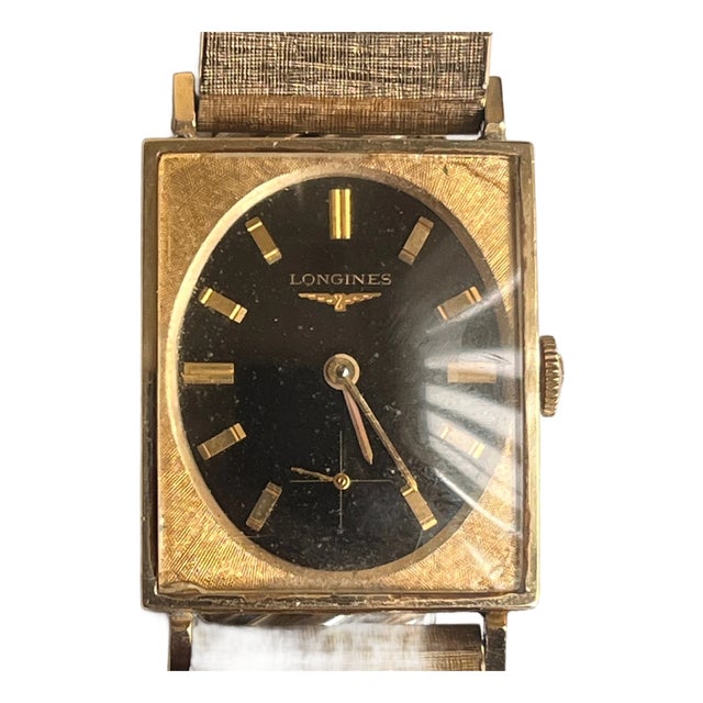 Longines Vintage Rectangular Gold Filled Watch Black Dial For Sale