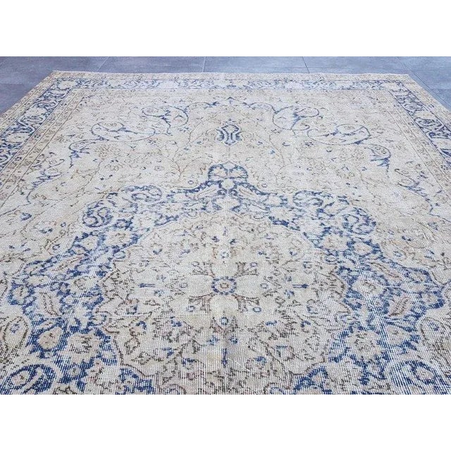 1960s Beige and Blue Vintage Area Carpet For Sale - Image 9 of 11