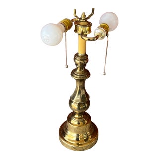 Vintage Brass Table Lamp With Dual Bulb Sockets & Pull Chains For Sale