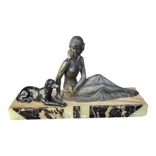 1920s Art Deco Period Statue Woman and Dog on Marble Base For Sale