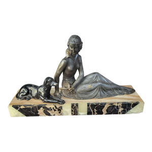 1920s Art Deco Period Statue Woman and Dog on Marble Base