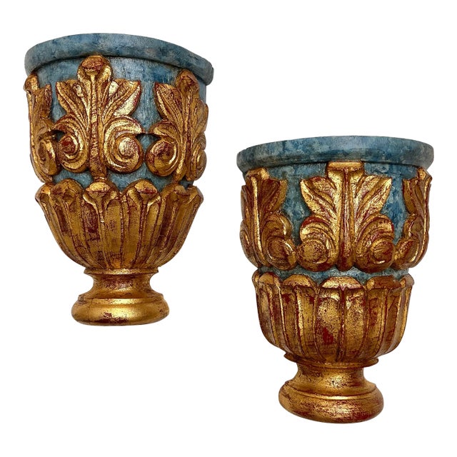 Vintage Italianate Style Parcel Hand Gilt Wood and Faux Marble Wall Brackets Newly Painted - A Pair For Sale
