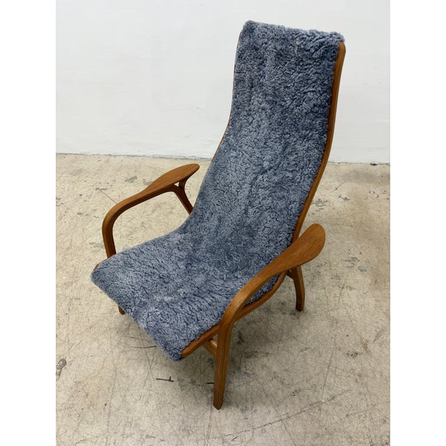 Yngve Ekström Lamino Teak Wood Frame Armchair With Sheepskin Fabric for Swedese For Sale - Image 13 of 17