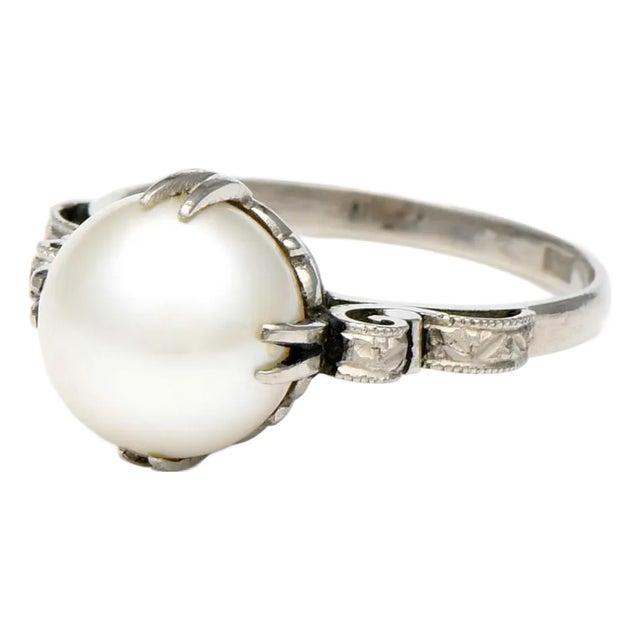 14KW Mid Century Cultured Akoya Pearl Ring, size 6.25 For Sale