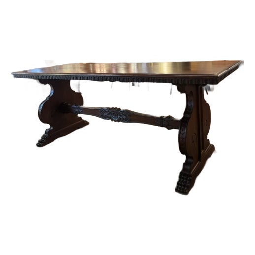 Antique Carved Trestle Table For Sale