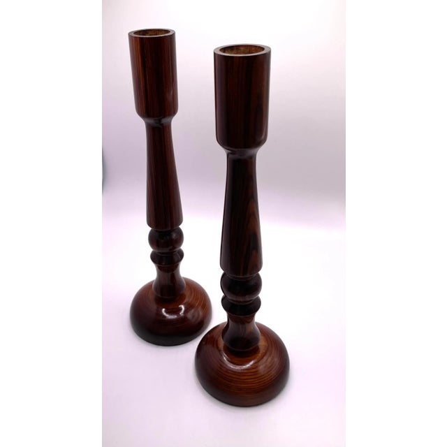 Mid-Century Modern Vintage Mid-Century Brazilian Rosewood Candlestick Holders- a Pair For Sale - Image 3 of 5