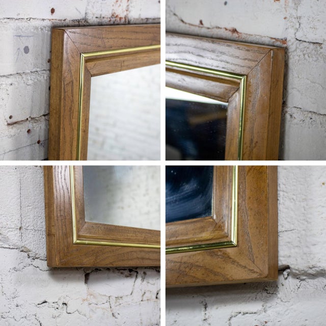 1974 Modern Wall Mirror by Thomasville Rectangular Oak Frame With Brass Plated Detail For Sale - Image 13 of 18