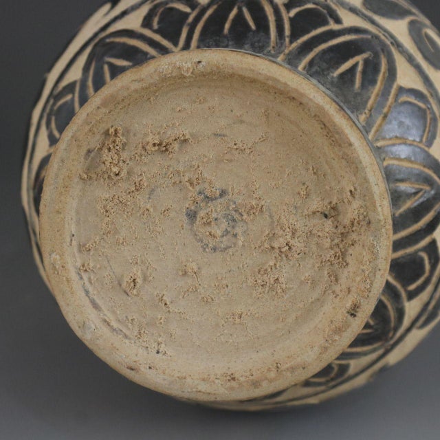 Asian 1950s Black Slip Carved Floral Yuhuchun Pear Shaped Ceramic Vase For Sale - Image 3 of 5