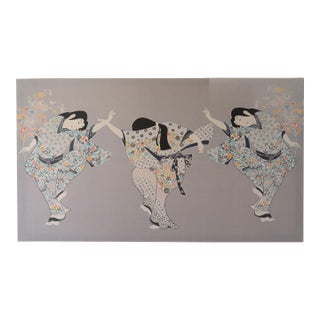 1970s Japanese Isao Homma Geisha Dance Fabric Art Wallhanging For Sale