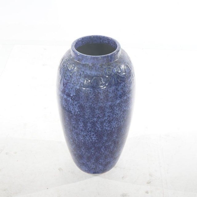 1920s Pair Antique Roseville Art Pottery Floral Embossed Vases With Mottled Blue Glaze For Sale - Image 5 of 6