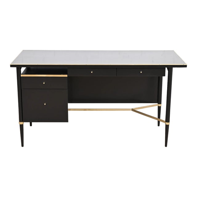 Paul McCobb Connoisseur Collection Black Lacquer and Brass Desk, Newly Refinished For Sale