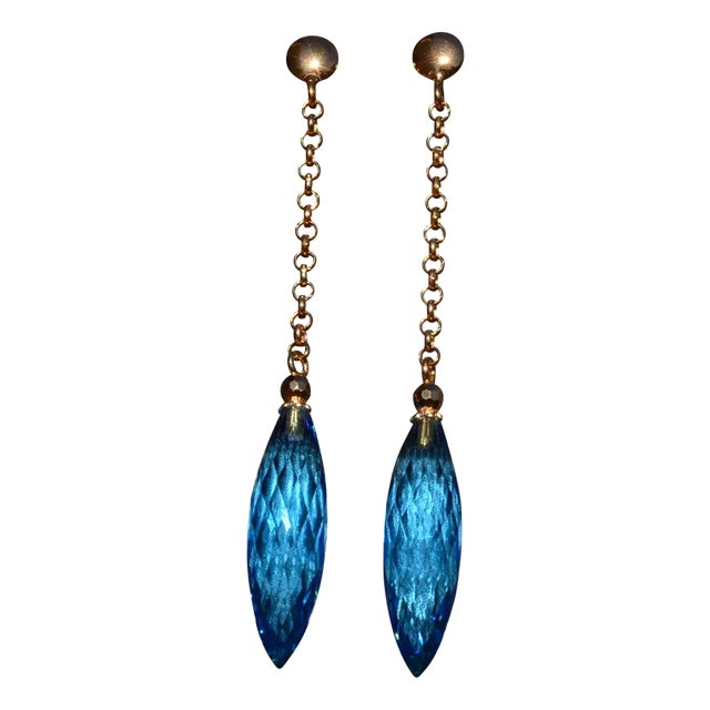 The Bourges: Blue Topaz Briolette Dangler Statement Earrings in Yellow Gold, 2 Pieces For Sale