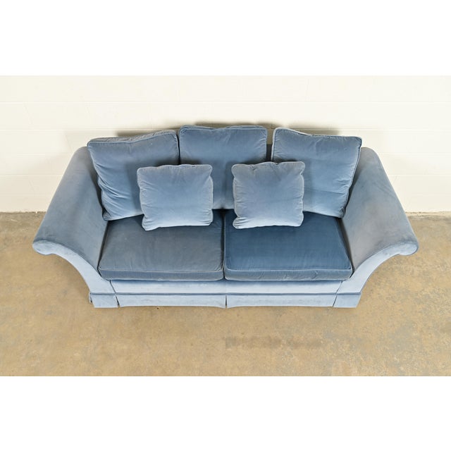 1980s Baker Furniture Blue Velvet Upholstered Roll Arm Sofa For Sale - Image 5 of 13