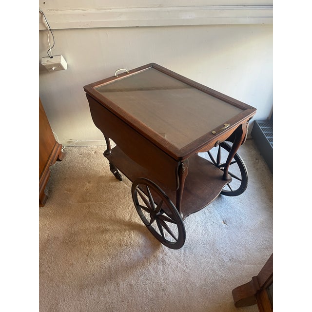 American Antique Mahogany Butler’s Cart - Glass Serving Tray Top - Drop Leaf Sides For Sale - Image 3 of 7
