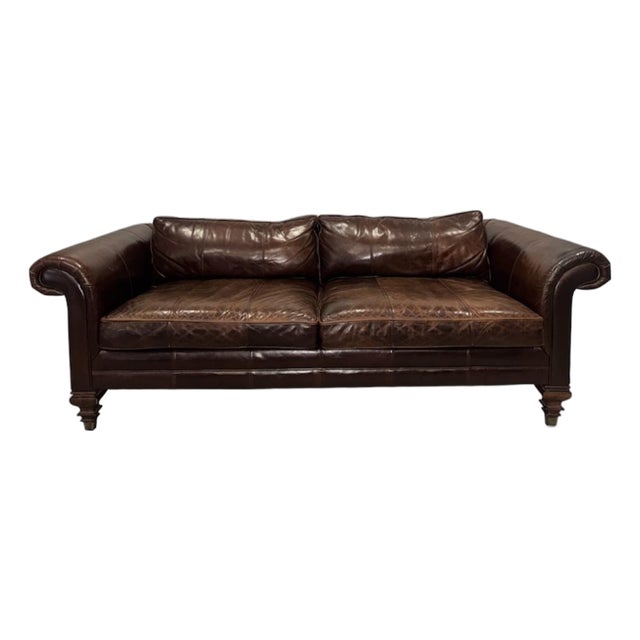Ralph Lauren Colonial Leather High End Designer Sofa Couch Brass Caps For Sale