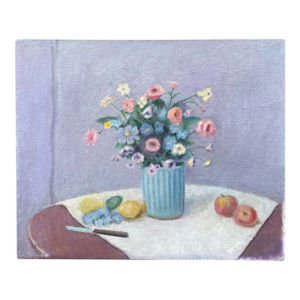 Midcentury Pastel Hued Floral Still Life Oil on Panel Painting