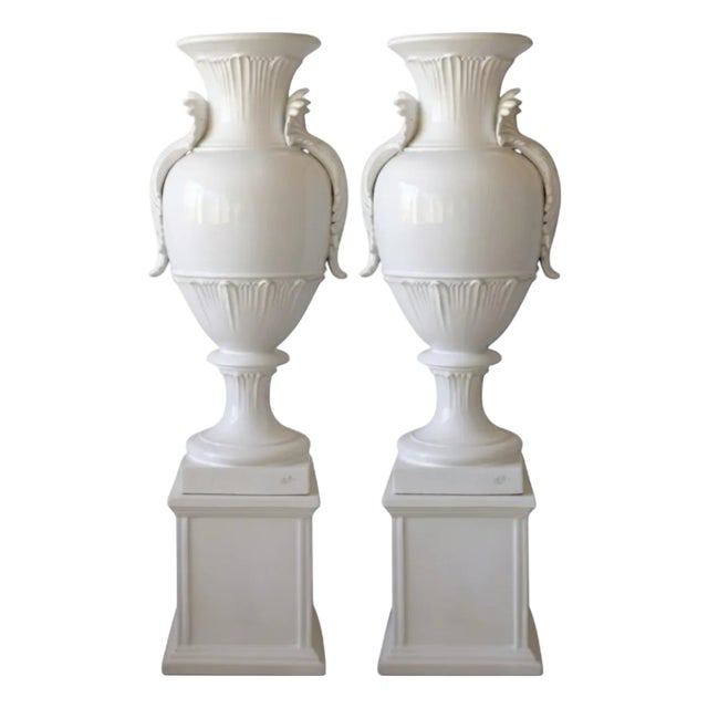 Pair of Monumental Italian Neoclassical White Glazed Terracotta Urns on Plinths For Sale
