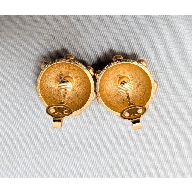 Metal Vintage 1960s Signed Crown Trifari Round Goldtone Studded Clip Earrings-2 Pieces For Sale - Image 7 of 7
