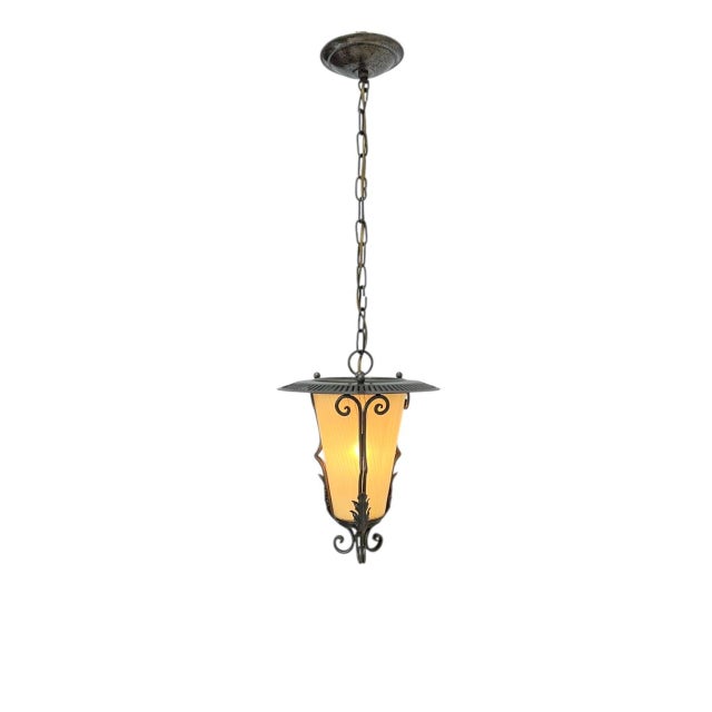 Lantern Pendant Lamp in Wrought Iron and Glass, 1950s For Sale - Image 10 of 13