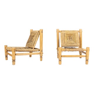 Lounge Chairs in Wood and Braided Rope by Audoux-Minet for Vibo Vesoul, France, 1950s, Set of 2 For Sale
