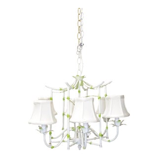 Pagoda Style Green and White Bamboo Chandelier With Shades For Sale