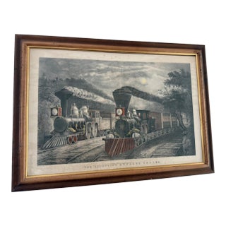 Authentic 1864 Currier & Ives Hand-Colored Lithograph "The Lightning Express Trains – Leaving the Junction" For Sale