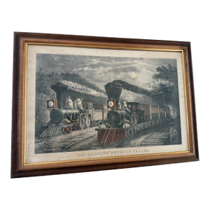 Authentic 1864 Currier & Ives Hand-Colored Lithograph "The Lightning Express Trains – Leaving the Junction"
