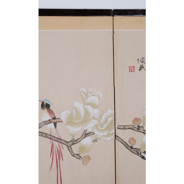 Gold Mid 20th Century Japanese Byobu 4 Panel Folding Screen Printed Featuring Birds, Trees and Blossoms For Sale - Image 8 of 11