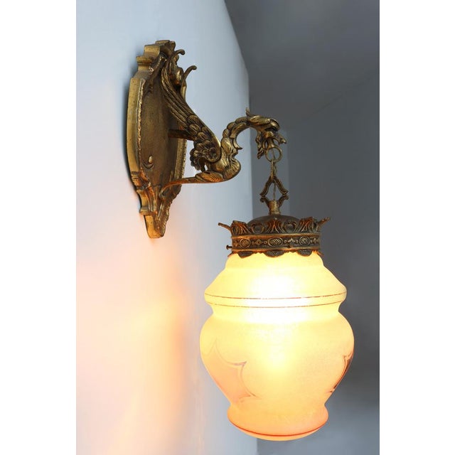 Antique Gothic Revival Bronze Dragon or Griffin Wall Sconce with Pink Glass Shade, Early 20th Century For Sale - Image 13 of 16