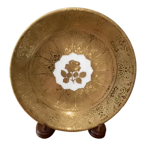 Antique Royal Worcester Encrusted 24k Gold Porcelain Plate With Embossed Rose in Center England