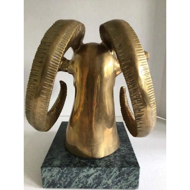 1960s Bronze Ram on Marble Base Clean, modernist detailing of this cast brass Ram Head with Horns atop a green marble base