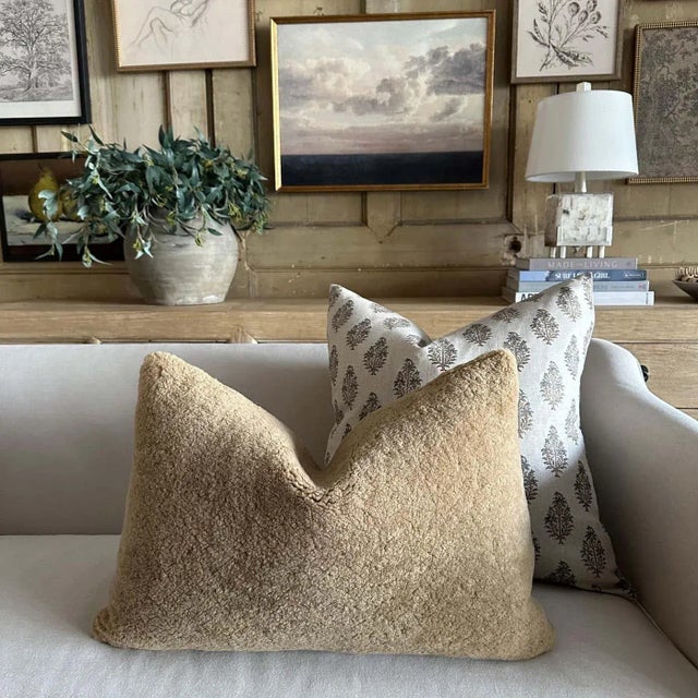 Mid-Century Modern Natural Shearling Lumbar Pillow in Cappuccino Color With Brass Zipper With Insert For Sale - Image 3 of 6