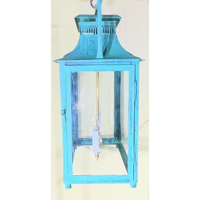 One of a Kind Hand-Painted Turquoise Hanging Lantern Steel & Solid Brass For Sale - Image 4 of 18