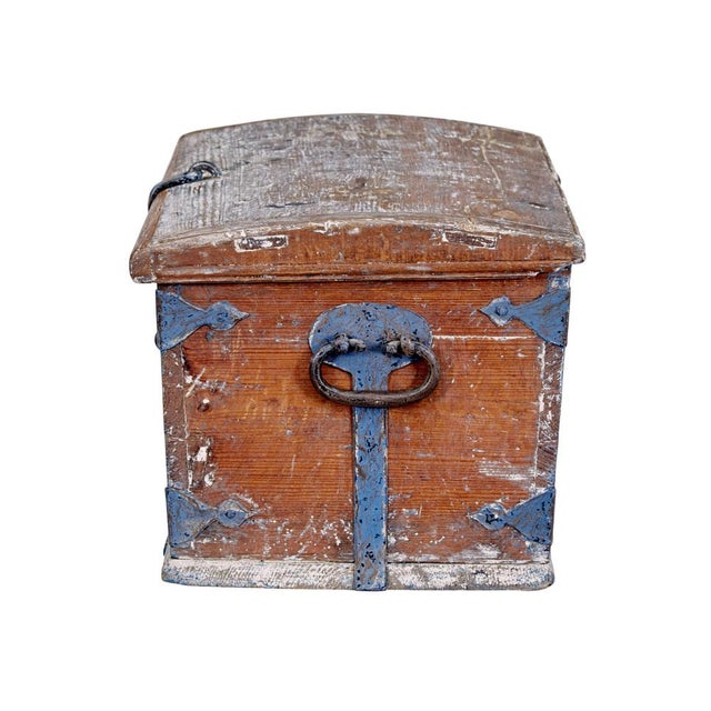 Small mid 19th century swedish painted pine strong box circa 1842. Beautiful small scandinavian strong box, presented with...