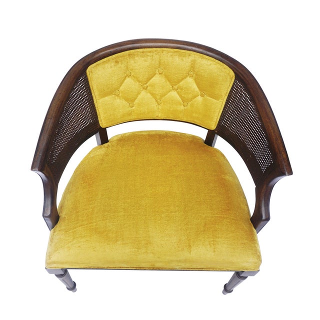 Vintage Yellow Gold Tufted Velvet & Cane Barrel Chair | Chairish