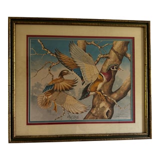 1980s Signed Jim Oliver Print of 2 Wood Ducks in Gorgeous Gold Bamboo Frame For Sale