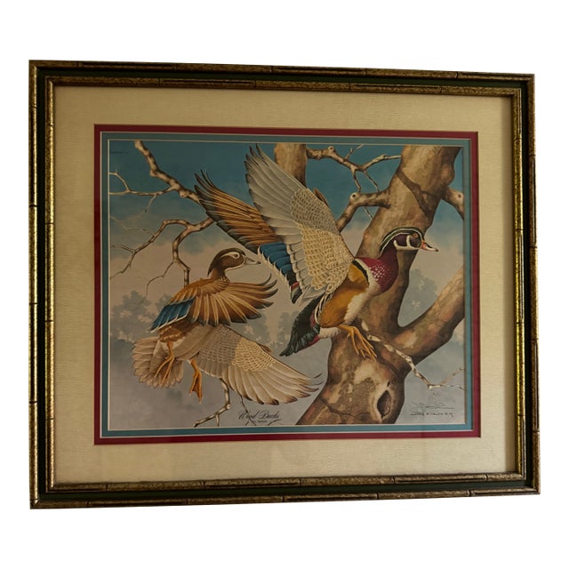 1980s Signed Jim Oliver Print of 2 Wood Ducks in Gorgeous Gold Bamboo Frame For Sale