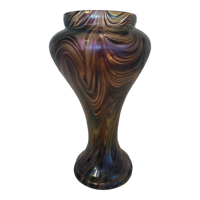 Elegant Art Nouveau Trumpet-Topped Vase Swirled Purple; Blue and Gold Iridescence For Sale