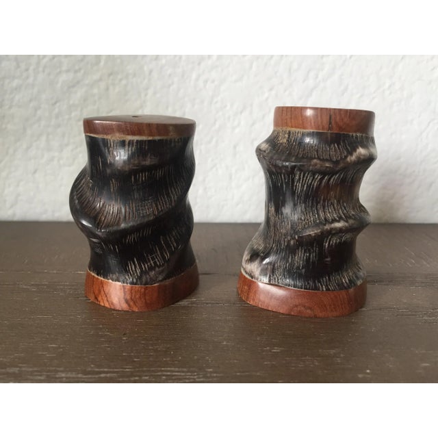 Vintage Mid Century Modern Handcrafted Spiral Antelope Horn Salt & Pepper Shakers. Desert ironwood top & base. Rubber...