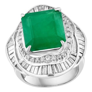 Natural 8 Carat Emerald Cut Zambian Emerald & Diamond Ring in Platinum, Estate For Sale