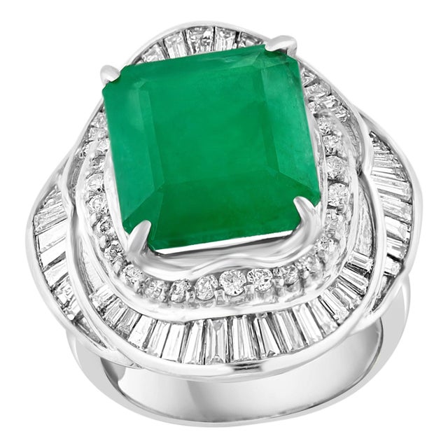 Natural 8 Carat Emerald Cut Zambian Emerald & Diamond Ring in Platinum, Estate For Sale