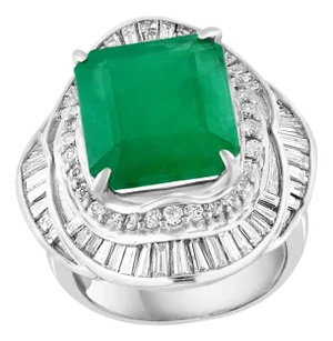 Natural 8 Carat Emerald Cut Zambian Emerald & Diamond Ring in Platinum, Estate