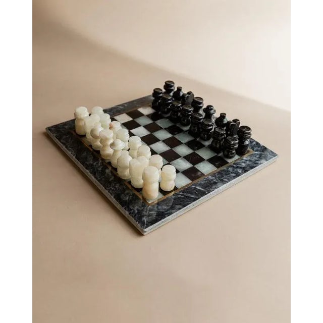 Vintage Black and Cream Marble Chess Board with Carved Pieces, Italy, 1960s, Set of 33 For Sale - Image 11 of 11