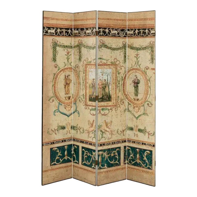 Late 20th Century Hand-Painted Neoclassical 4-Panel Folding Screen – 7 Ft For Sale