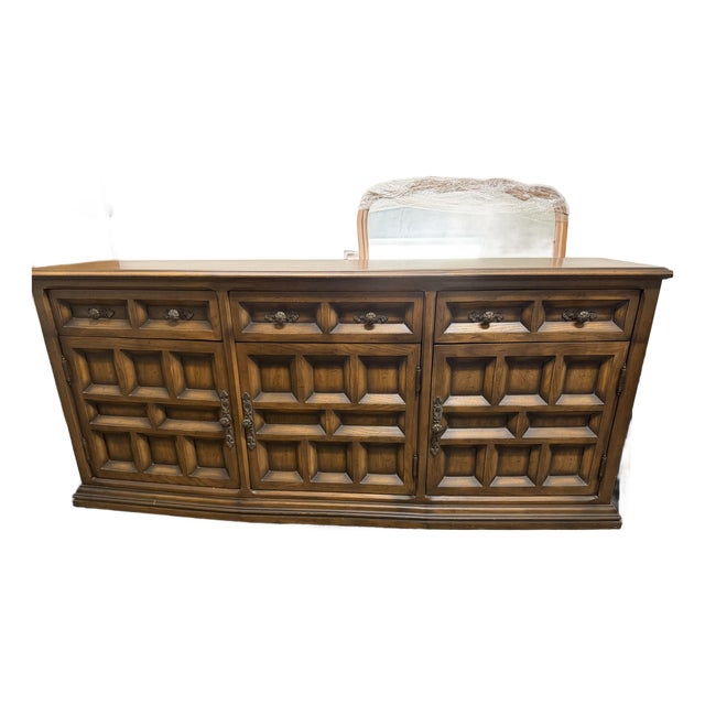Vintage 1970s Century Furniture Solid Oak Cortez Dining Room Buffet, Spanish Revival #311-403 For Sale