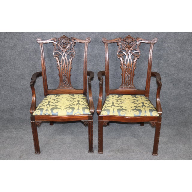 1920s Set of 8 Fantastic Chinese Chippendale Style Carved Mahogany Dining Chairs For Sale - Image 5 of 14