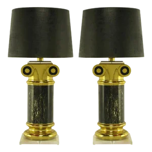 Overscale Ionic Column Table Lamps in Brass & Lucite - a Pair