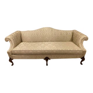 Vintage Chippendale Camelback Sofa in Cream Damask With Ball & Claw Feet For Sale